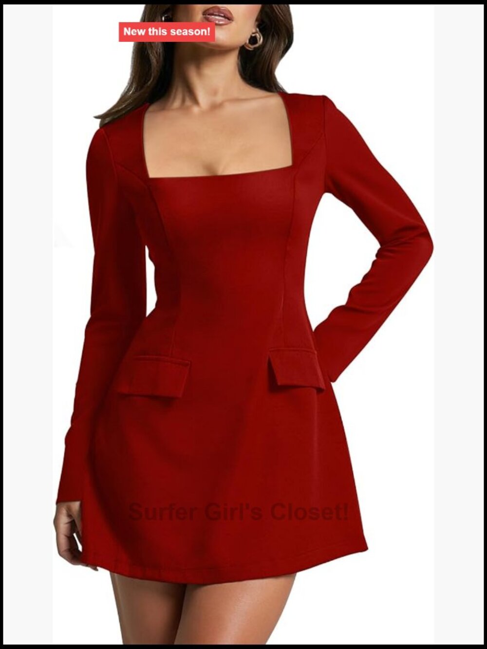 Women's Square Neck Long Sleeve A-Line Mini Party Dress with Pockets